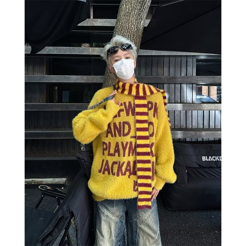 Mohair Stripesd Scarf Red Knitwear Men's Autumn and Winter Trendy Brand Retro Letter Soft Waxy Lazy Style Couple Knitwear