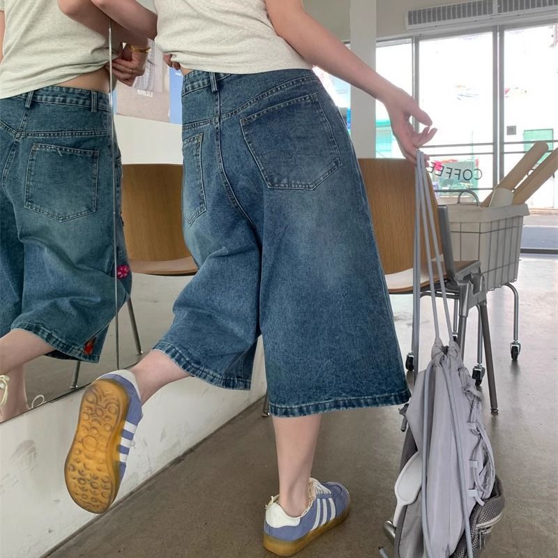 Wide-Leg Cropped Jeans for Women Summer New American Embroidered Cartoon Puppy Loose Casual Straight Pants Cropped Pants