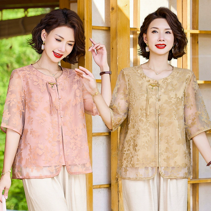 Новая летняя рубашка для мам в китайском стиле, женские топы среднего возраста, летняя сетчатая рубашка с принтом для женщин среднего и пожилого возраста, рубашка