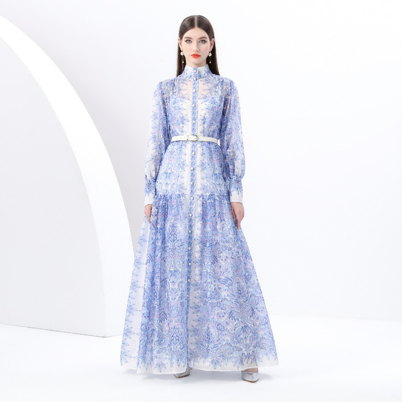 2025 Cross-border Retro Style Two-piece Set with Lantern Sleeve and Waved Edge Lengthened Long Vintage Printed dress