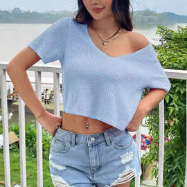 亚马逊temu欧美夏秋新款女装华夫格短袖V领上衣大量现货