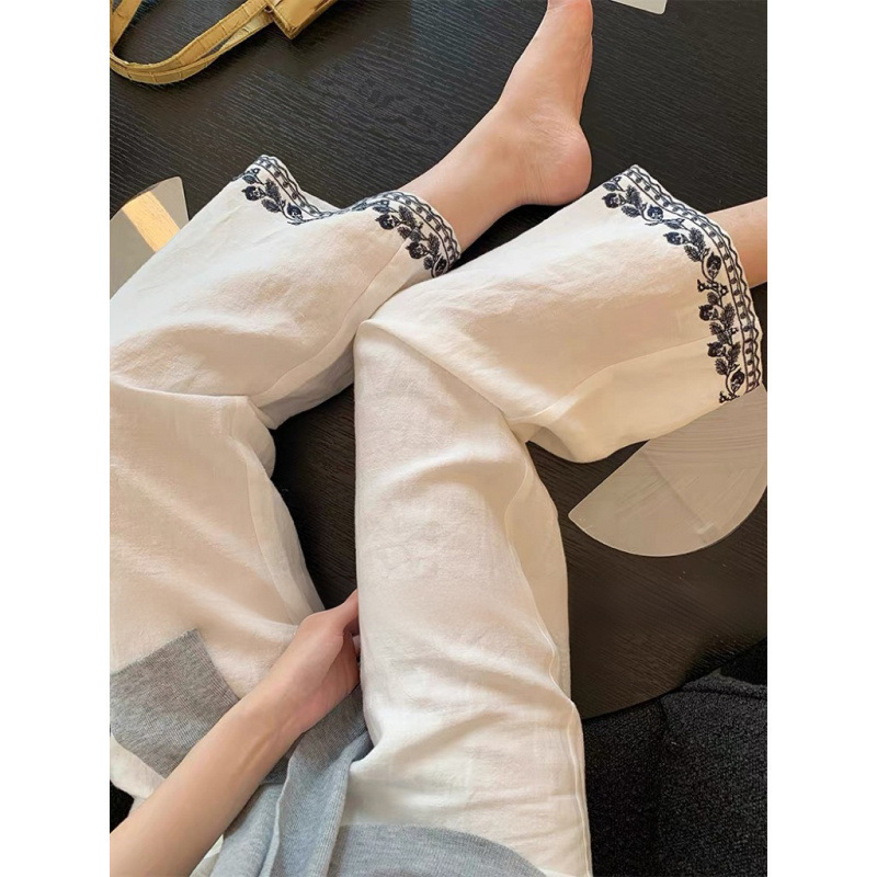 撞色刺绣直筒亚麻裤子女款夏季减龄气质老钱风显瘦休闲白色阔腿裤|undefined