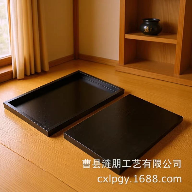 Wholesale solid wood black tray wooden fruit plate rectangular hotel restaurant black lacquered pine tea snack plate