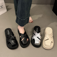 真皮厚底包头露趾罗马鞋拖鞋女外穿2025夏季新款百搭懒人鞋小个子