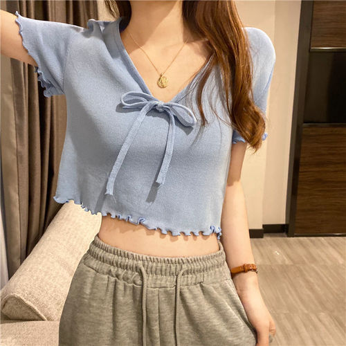 Korean style slimming V-neck Korean style short top for women with design sense for summer hot girl bm style white short-sleeved T-shirt