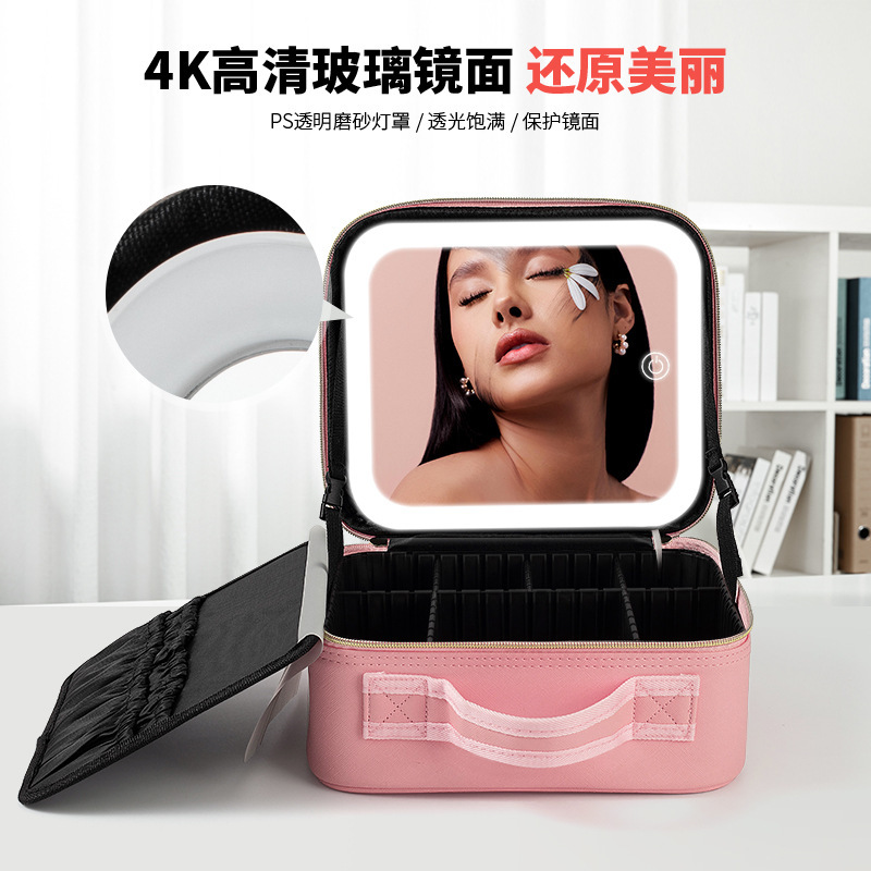 Nuevo bolso de maquillaje profesional portátil de gran capacidad con bolsa de cosméticos de PU ligera 4K superficie de vidrio HD personalizado al por mayor