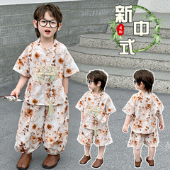 子供の国風の新しい中国式の夏の薄いタイプのスーツの男の子の新型の半袖の漢服の赤ちゃんの2セットの夏服の唐服