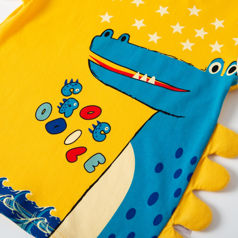 Nuevo verano dibujos animados dinosaurio de manga corta Camiseta niños ropa de verano patchwork manga corta estilo coreano entrega de una sola pieza ropa para niños al por mayor