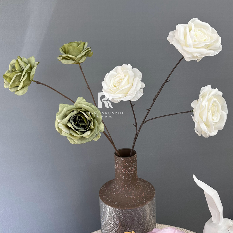 輕奢法式油畫3頭安娜玫瑰花仿真花月季花婚慶婚禮堂迎賓插花裝飾