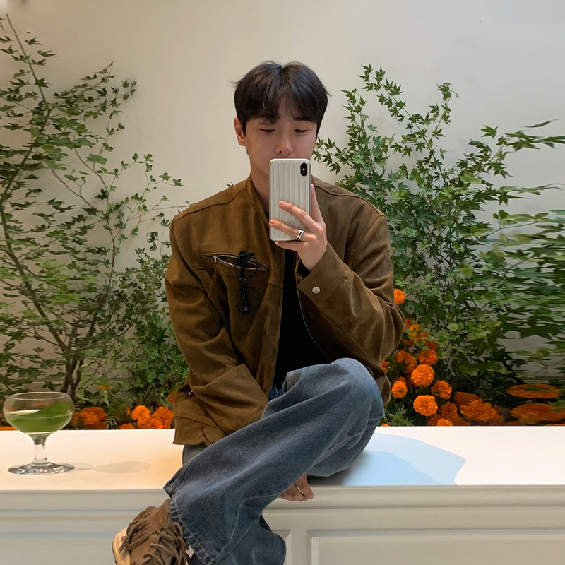 Brown Short Imitation Suede Stand-Up Collar Jacket Men's Autumn and Winter Maillard Right Shoulder Motorcycle Jacket Business Executive Jacket Brown Short Imitation Suede Stand-Up Collar Jacket Men's Autumn and Winter Maillard Right Shoulder Motorcycle Jacket Business Executive Jacket