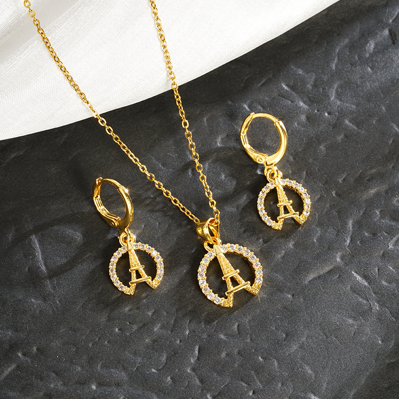 Collar de oro de arena vietnamita simple y alta sensación de aretes de la torre Eiffel lujoso ligero para mujeres no se desvanecerá el suministro de joyas