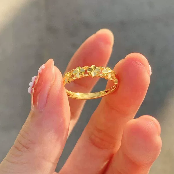 New Lucky Four-leaf Clover Ring Women's Brass Gold Plated 5D Craft Plated Ring Ring Niche Light Luxury Adjustable Matchmaking