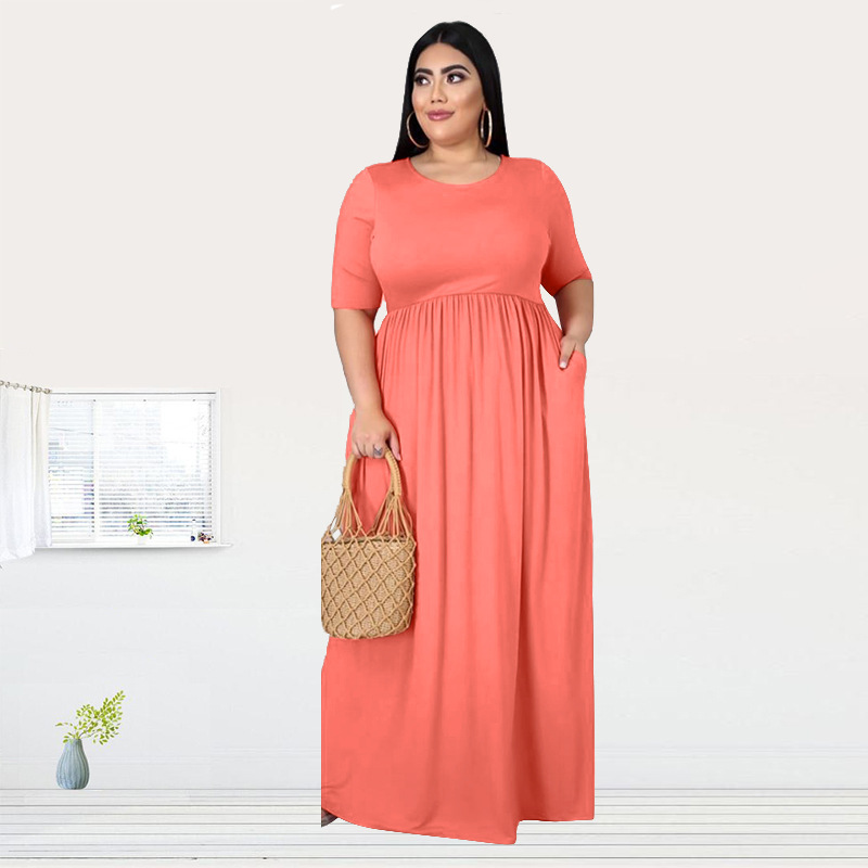 Commute Solid Color Round Neck Half Sleeve Rib-knit Maxi Long Dress Pleated Skirt display picture 3