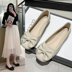 網紅平底單鞋女2024春季新款韓版時尚休閒蝴蝶結軟底一腳蹬豆豆鞋