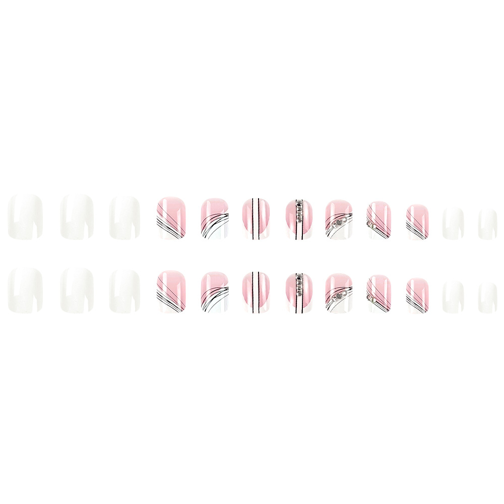 Arte de líneas blancas y rosadas, manicuras de diamantes flash, comercio exterior, explosión dulce y fresco, viento caliente, 24 piezas, productos terminados al por mayor. image 6