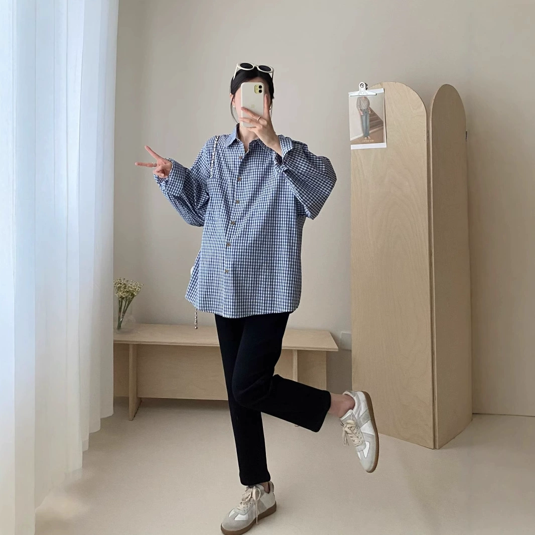 Модная одежда для беременных в корейском стиле, художественная клетчатая рубашка для беременных в стиле ретро с лацканами, свободная повседневная универсальная куртка с длинными рукавами, модная