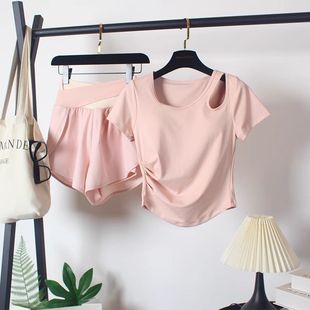 Women's Summer Loose Fake Two-Piece Quick-Drying Shorts with Chest Pad Short-Sleeved Suit Running Sports Fitness T-Shirt Fashion Yoga