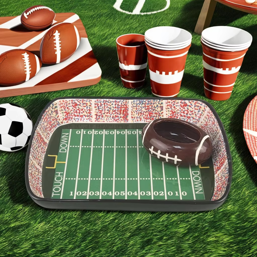 Conjuntos de platos de cerámica bandeja de fiesta de rugby transfronteriza patatas fritas de arroz estilo de barco de cumpleaños decoración de la puerta trasera