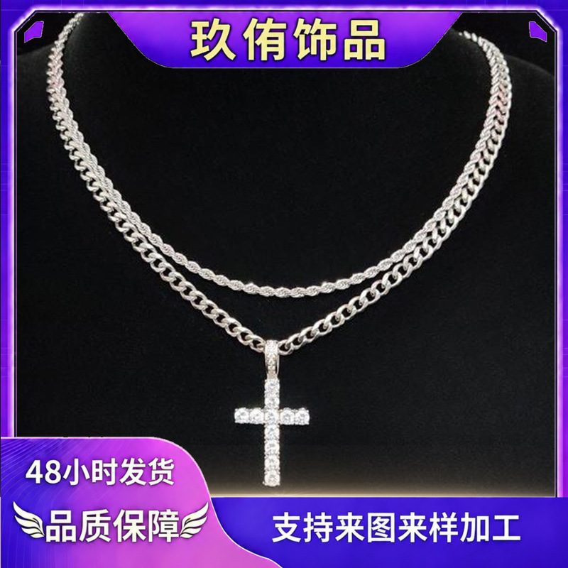 European and American Fashion Double-Layer Cross Necklace, Cuban Chain Hip-Hop Style Clavicle Necklace, Long Layered Jewelry