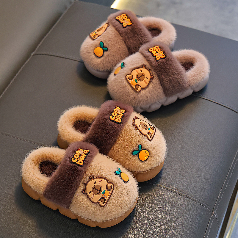 Capibara otoño y invierno zapatillas de algodón para niños, niños, niñas y niñas, calentamiento, peluche para padres e hijos, zapatos de algodón para niños, niños y niños.