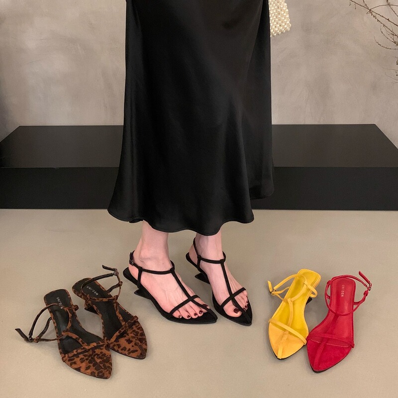 Wedge High Heels, Red Pointed Toe Thin Strap Sandals, Fairy Shoes, 2026 New Summer Style, Leopard Print Roman Shoes to Match Skirts