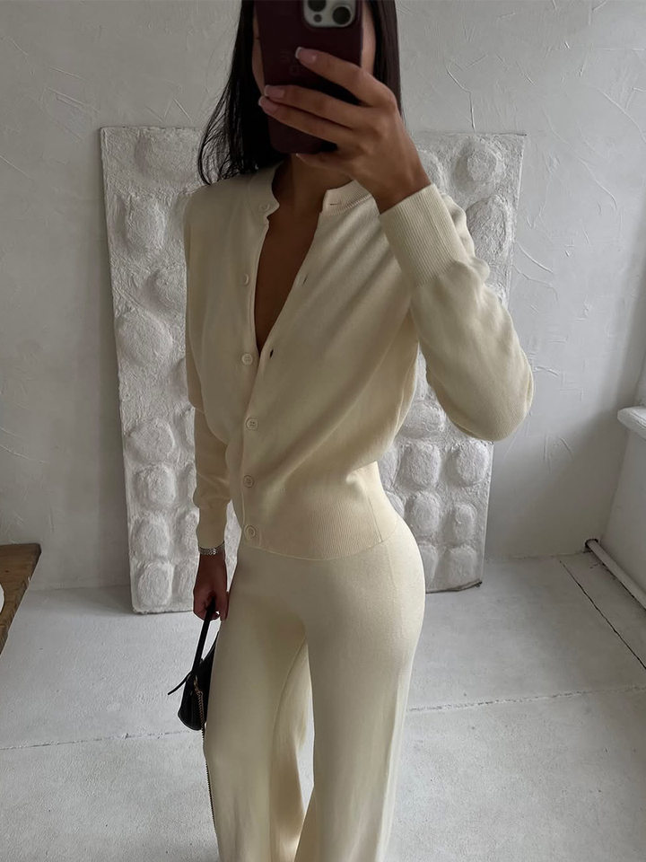 Bộ len dệt kim nữ áo cardigan tay dài quần dài màu trơn — Màu nâu, màu xám, mơ chi tiết 36
