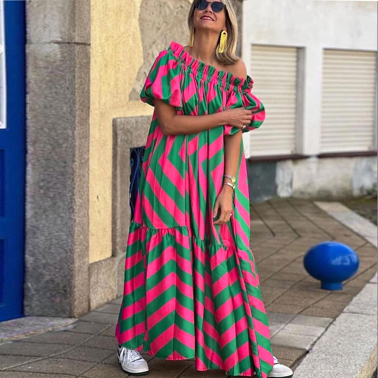 European and American sexy loose large size one shoulder printed bell sleeve women's midi dress long skirt_voghion.com