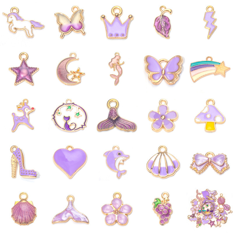 Mixed 24 purple cute cartoon oil alloy bow moon pendant pendant diy jewelry accessories