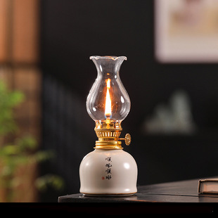 Cross-Border Dropshipping Ceramic Butter Lamp Blue and White Lotus Vintage Kerosene Lamp Study Tea Ceremony Ornaments Tea Room Atmosphere Lamp