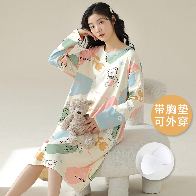 2024 Nightgown Women's Spring and Autumn Round Neck Long Sleeve Korean Style Thin Pajamas with Chest Pad Cartoon Long Cute Home Clothes