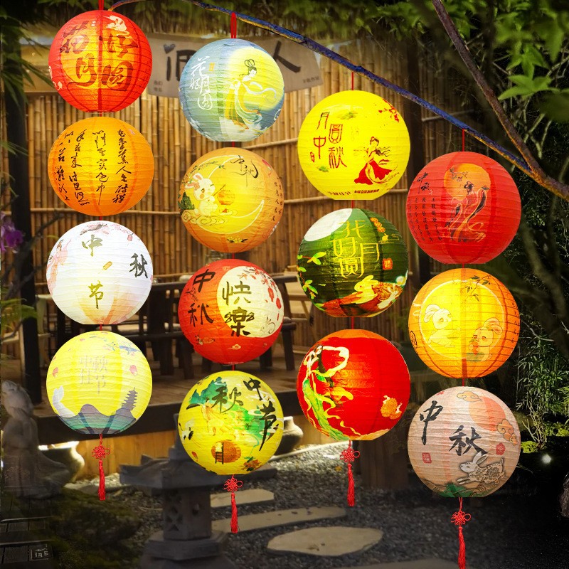 中秋节装饰灯笼发光可折叠国风纸灯笼户外装饰景区展会活动布置品