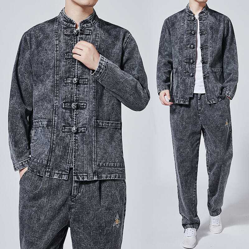 Chinese Style Men's Denim Jacket Suit with Retro Button Embroidery, Tang Suit for Young Men, Stand Collar, Loose Trendy Brand Jacket