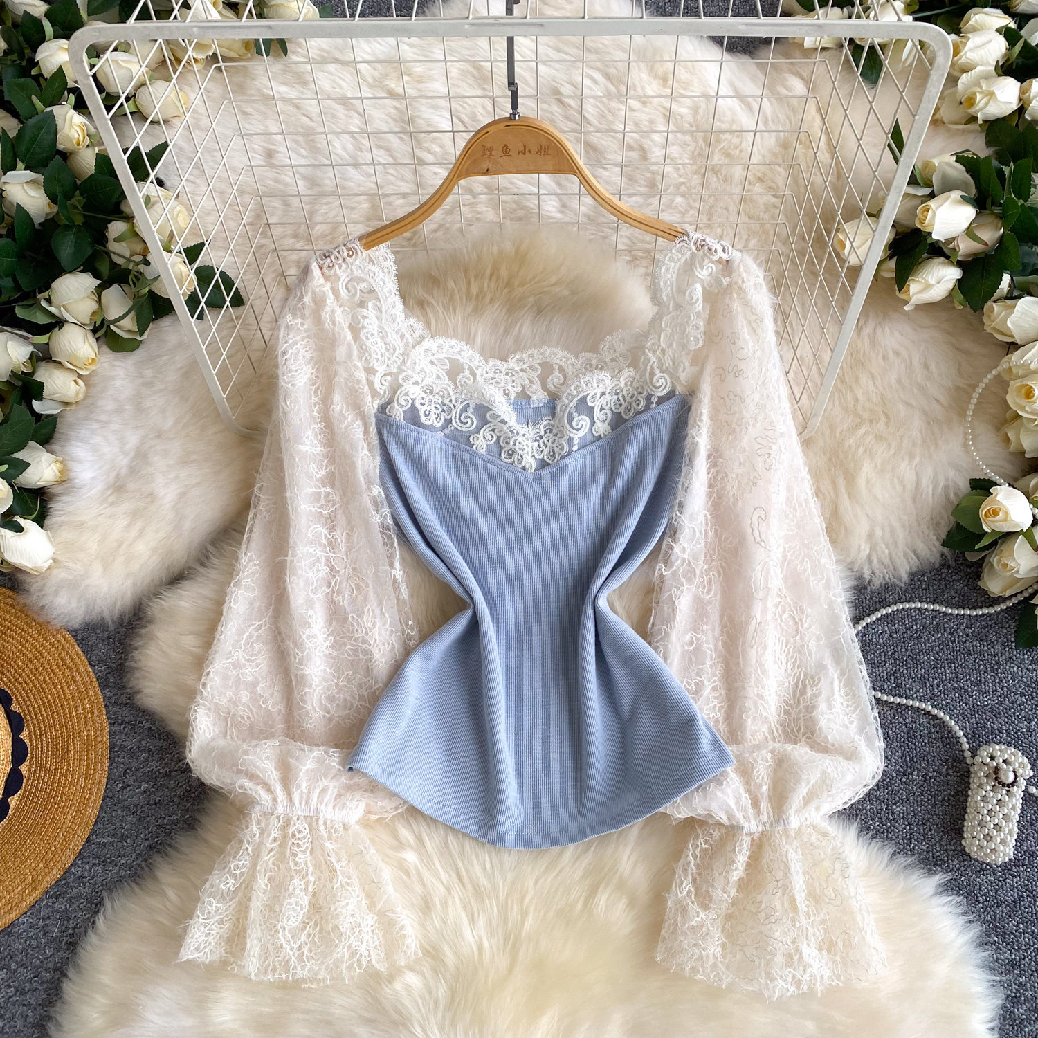 Elegante Langarm Strickjacke Mit Spitzenbesatz Und Karreeausschnitt_voghion.com