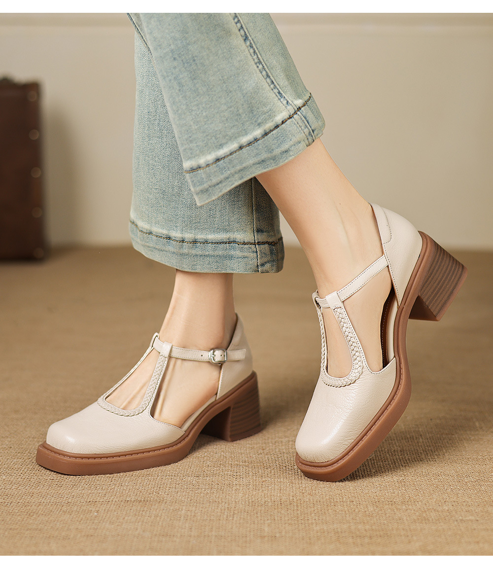 Sandal cao gót nữ mũi vuông quai chữ T đế dày — màu trắng ngà chi tiết 17