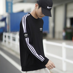 春秋卫衣三叶草刺绣三条纹圆领套头衫休闲运动上衣男女情侣长袖