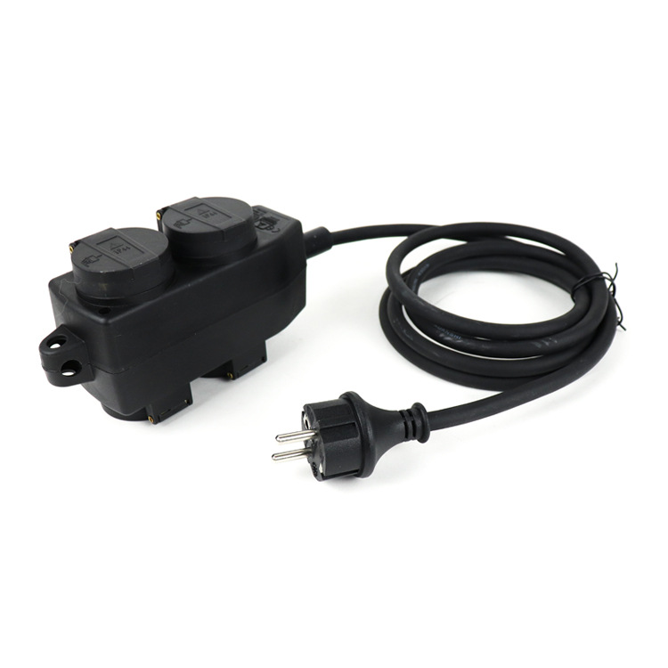 欧式黑色防水4孔插座工业IP44户外插头橡胶电源线室外四孔插延长