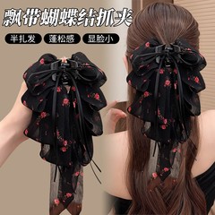 女性用リボン花柄リボンクリップ、ハイエンド2025新しいヘアクリップ、後頭部の半分に結ばれたヘアシャーククリップヘッドバンド