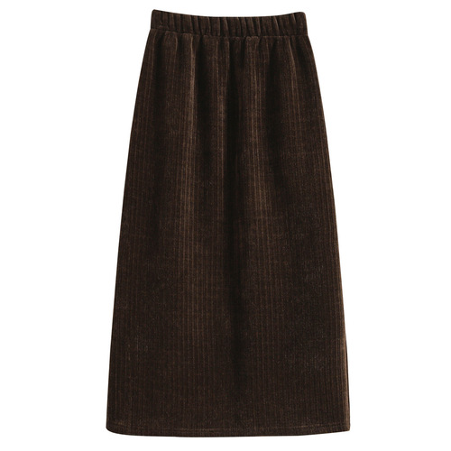 Corduroy autumn and winter velvet skirt for women's mid-long new high-waist slimming one-step dress temperament hip skirt