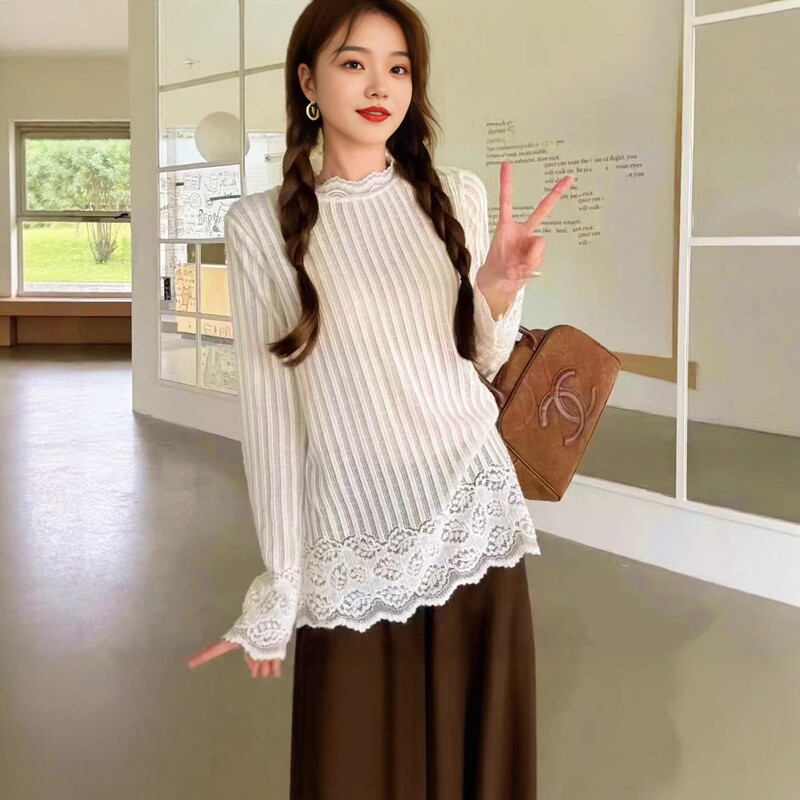长袖女2025年新款秋季打底衫气质蕾丝韩系慵懒松弛感百搭针织上衣|undefined