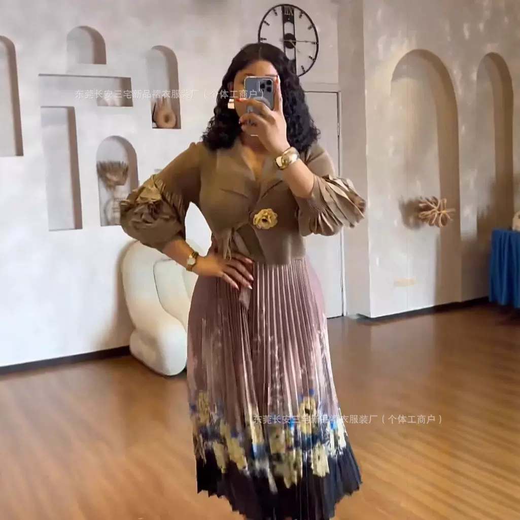 非洲跨境三宅褶皱大码连衣裙欧美印花优雅长袖褶皱长裙厂家直销