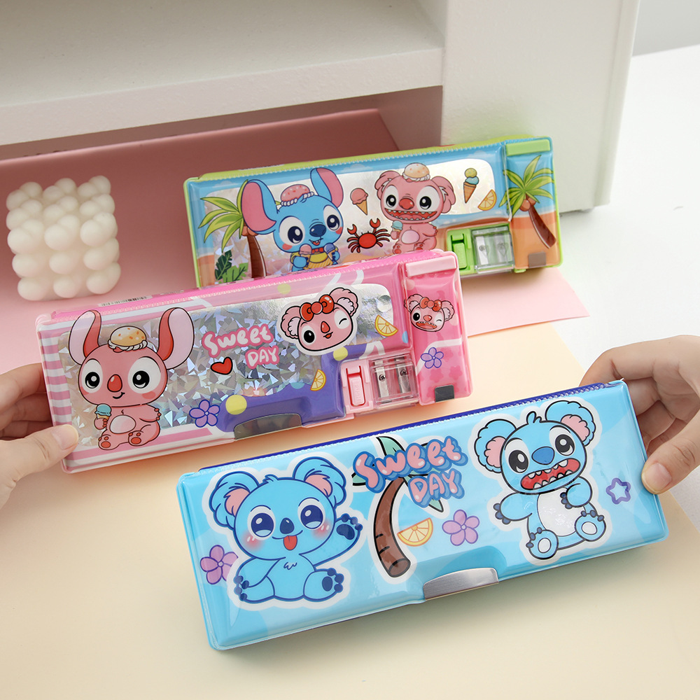 Caja de papelería de niños, caja de lápiz de color, caja de almacenamiento multifuncional de doble cara, papelería para estudiantes de primaria