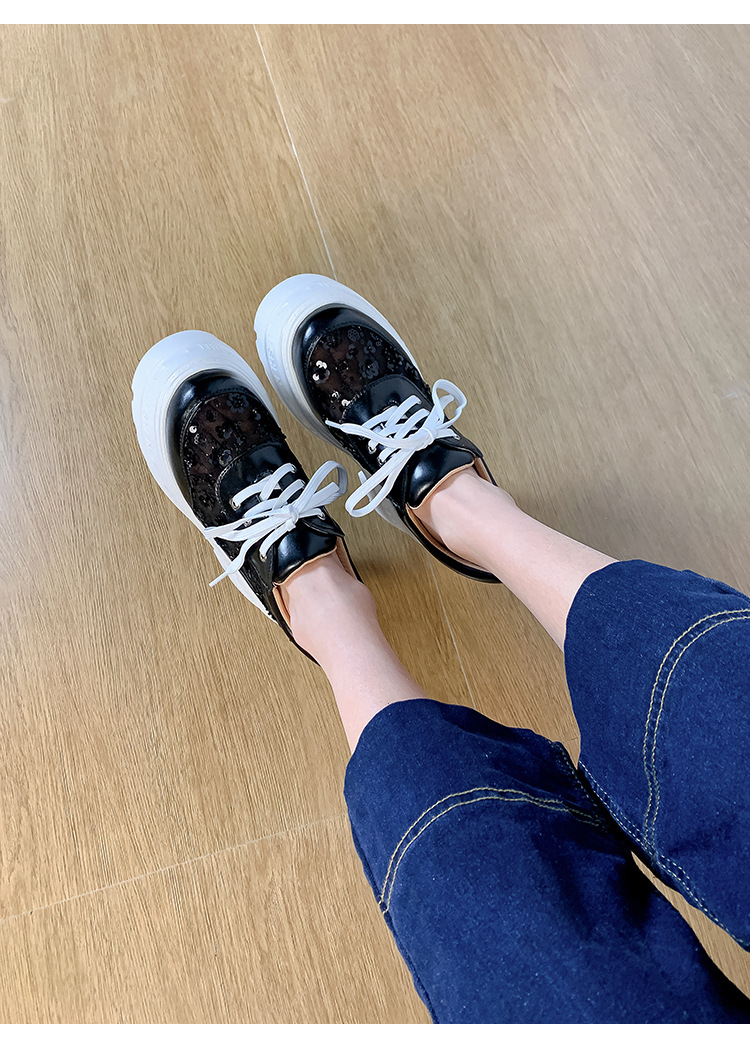 Giày sneaker nữ đế dày lưới thoáng khí, phối dây buộc phong cách loafer đế xuồng — Trắng 12cm, Trắng 15cm, Đen 12cm, Đen 15cm chi tiết 12