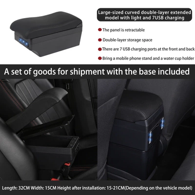 Toyota Gr Yaris Japanese Armrest box - large-curved-double-layer-extended-and-wide-band-light-7usb-charging-model-black-black-wire