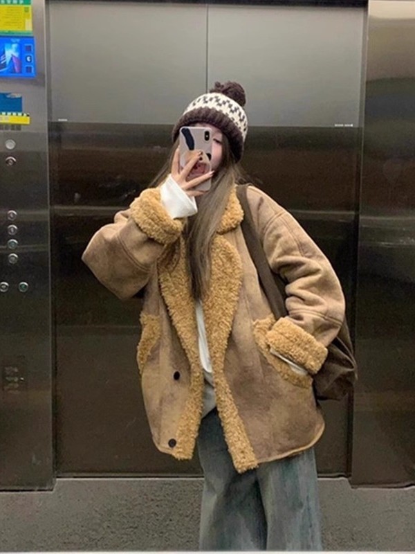 Fur Integrated Suede Jacket Women's New Autumn and Winter Lamb Wool Thickened Brown Motorcycle Leather Jacket