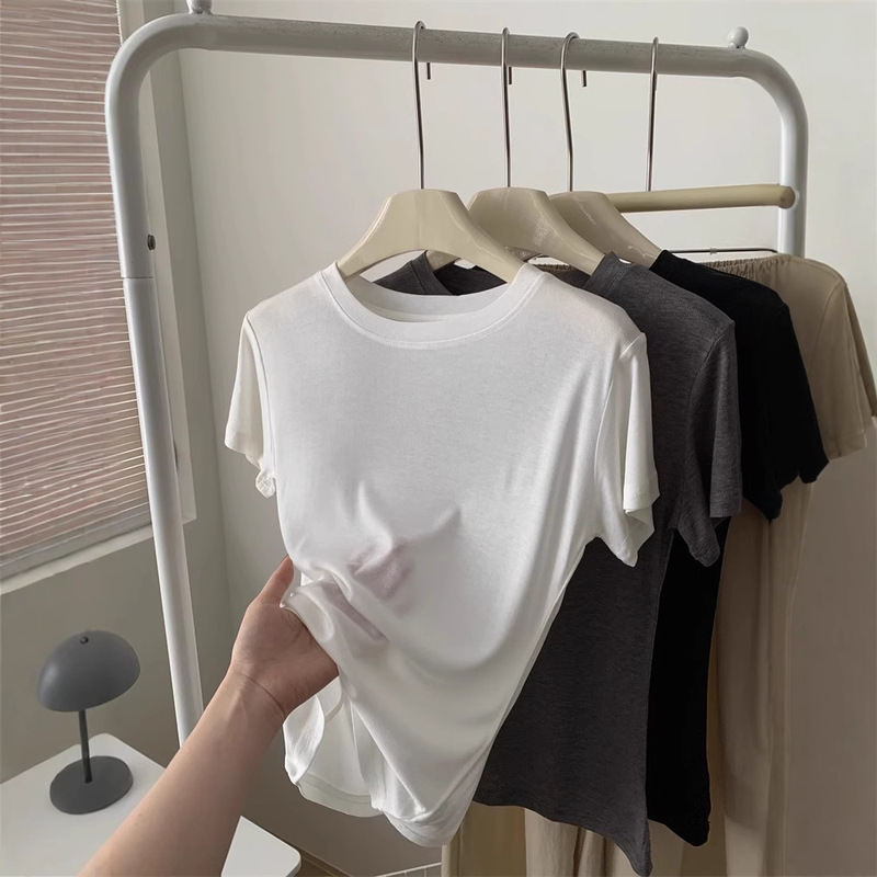 Lyocell Mulberry Silk Versatile Basic Soft and Comfortable Thin Short-sleeved T-shirt Women's Slim-looking Tee Round Neck Top