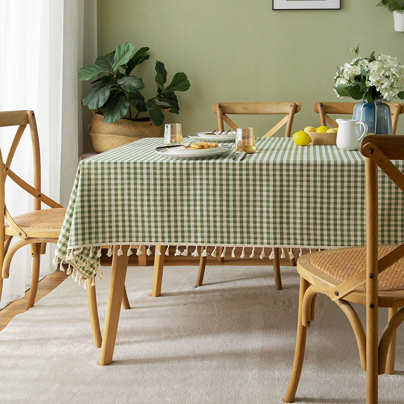 Fresh and Simple Pastoral Style Small Plaid Cross-Border Tablecloth Tassel Table Cover Cloth Wholesale Japanese and Korean Cotton Linen Fabric Plaid