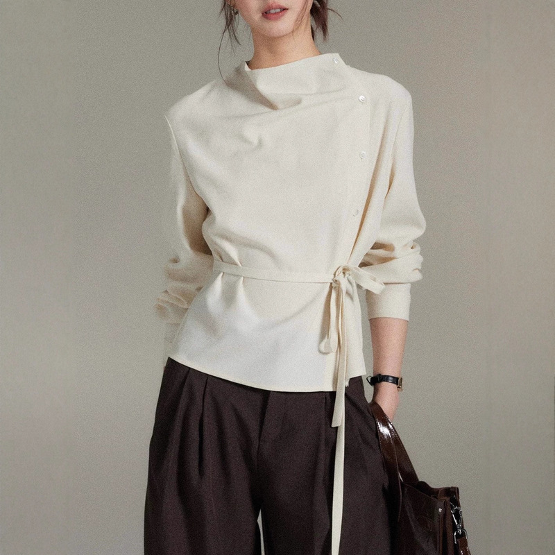 Elegant Asymmetric Swing Collar Asymmetrical Placket Tie Waist Top Women's High-End Shirt by Er Yang Design [Shi Yi]