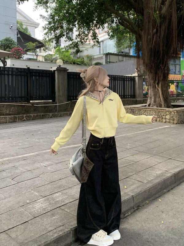 美式复古黄色格子连帽卫衣女春秋新款开衫短款设计感百搭上衣外套|undefined