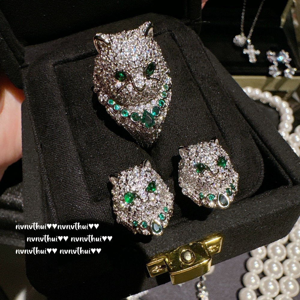 意大利复古小猫咪宝石戒指 Vintage 镀18K金 猫咪锆石耳环 套装