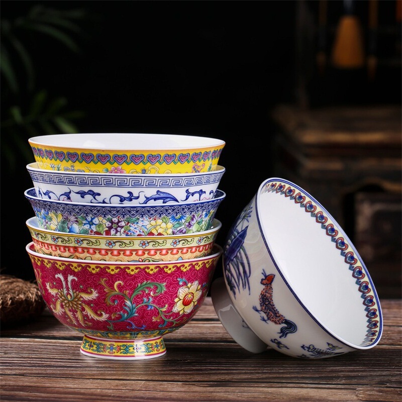 Bowl Household Enamel Ceramic Bowl High Foot Anti-scalding Enamel Rice Bowl Chinese Dishes suit Bone China Antique Life Bowl